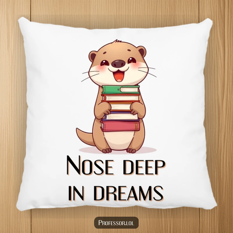 Funny Pillow featuring a delighted otter balancing a stack of books on its nose, offering comfort and literary humor.