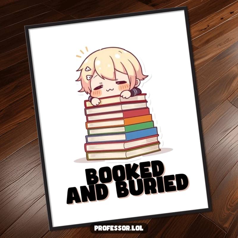 Funny digital art print of a character comically tripping over a stack of books, exuding surprise and humor, perfect wall art.