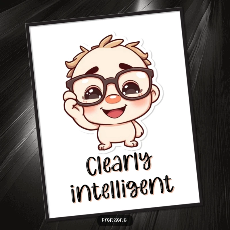 Funny character playfully adjusting oversized spectacles on its nose with a grin, a humorous digital art print for thinkers. Get it printed!