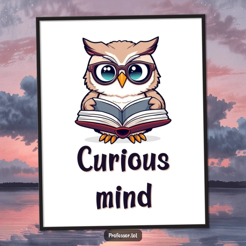 Funny owl spectacles digital art print of a cute owl wearing glasses, peering curiously into an open book.