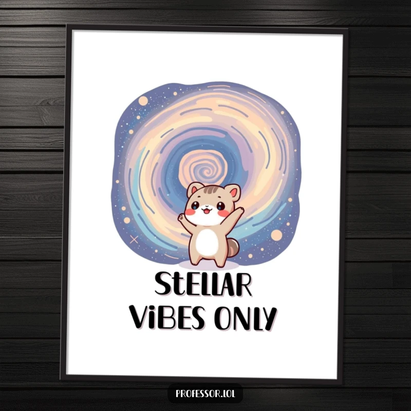 Funny digital art print of a small animal character excitedly gesturing towards a mesmerizing swirling galaxy, perfect for home decor.