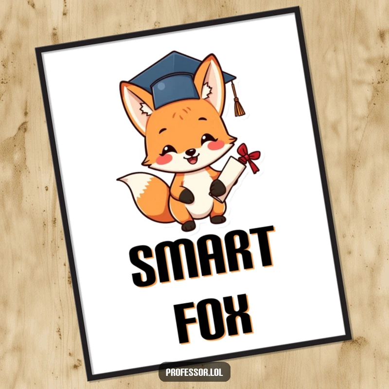 Funny graduation fox digital art print of a cheerful fox wearing a small cap, holding a diploma.