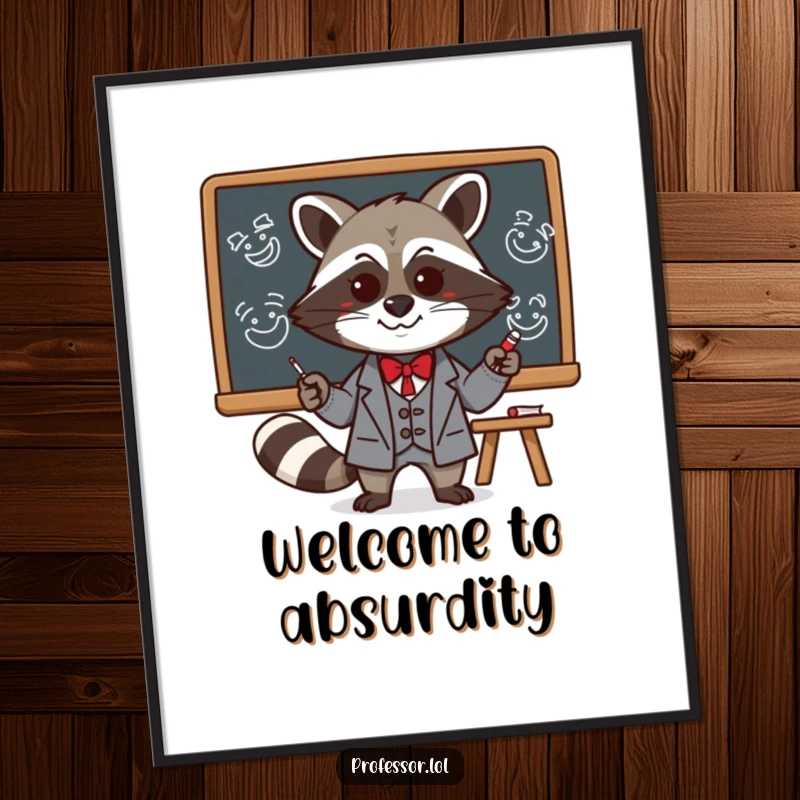 Funny Kawaii raccoon professor drawing silly faces on a blackboard, as a high-resolution digital art print for instant humorous decoration.