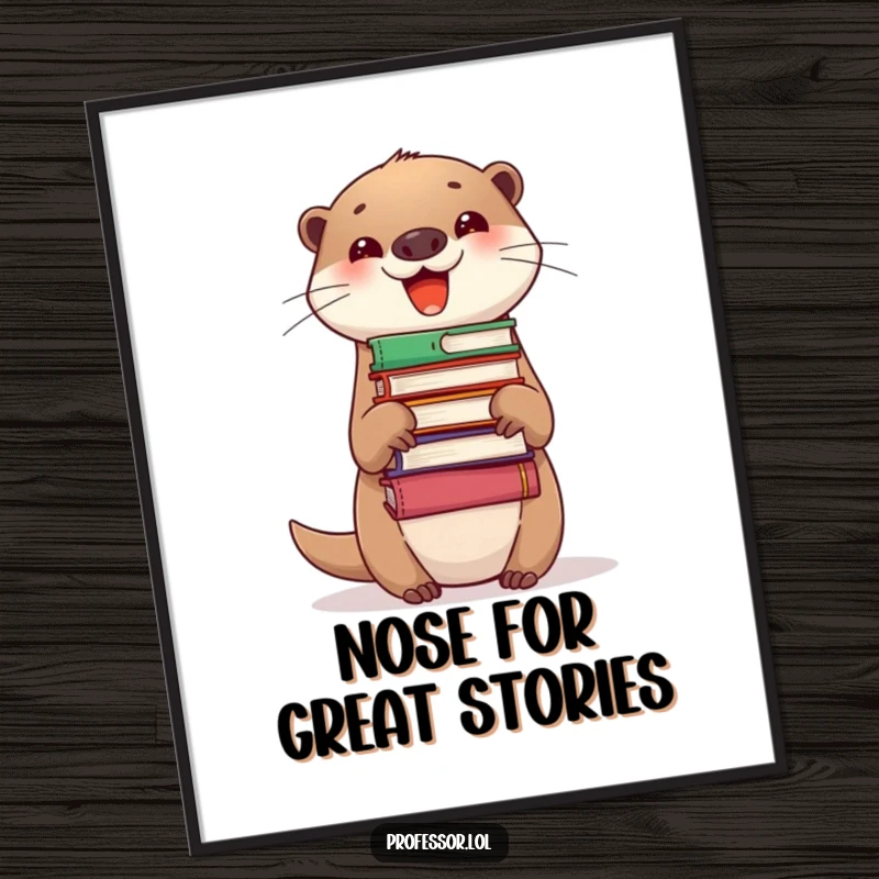 Funny Digital Art Print of a delighted otter balancing a stack of books on its nose, ready for instant whimsical decor.