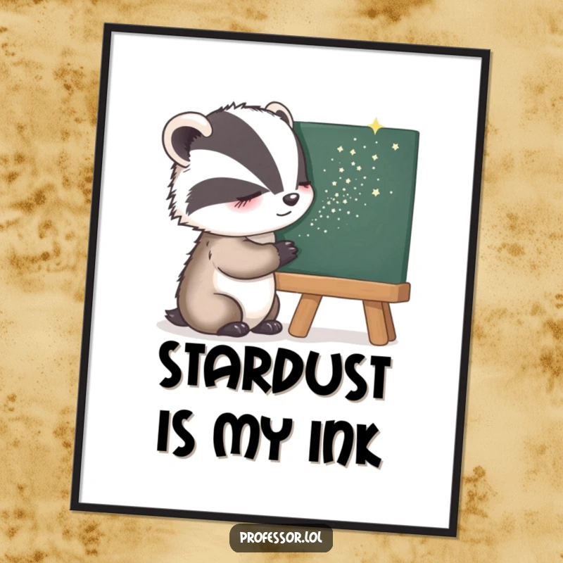 Funny Digital Art Print of a sleepy badger sprinkling stardust onto a blackboard, ready to be printed and framed for whimsical decor.