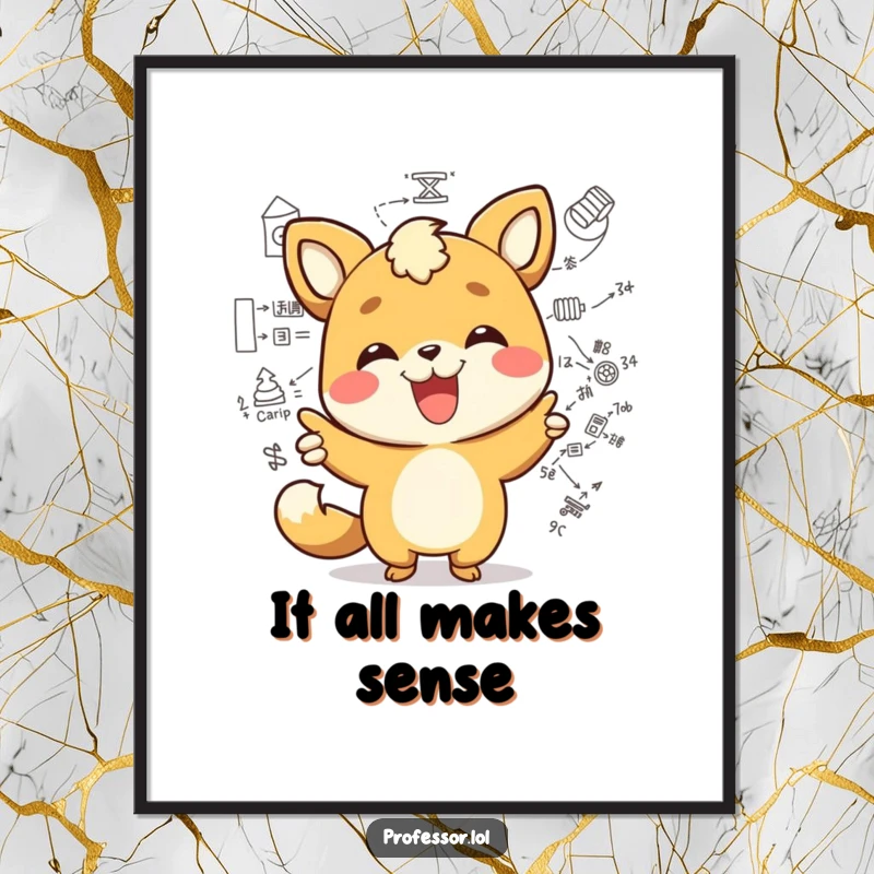 Funny kawaii animal character joyfully pointing at a complex diagram with a wide smile, a humorous digital art print for thinkers. Get it printed!