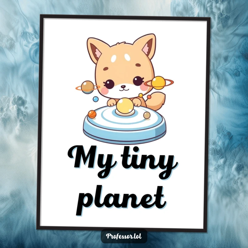 Funny cute animal character curiously examining a detailed model of the solar system, digital art print.