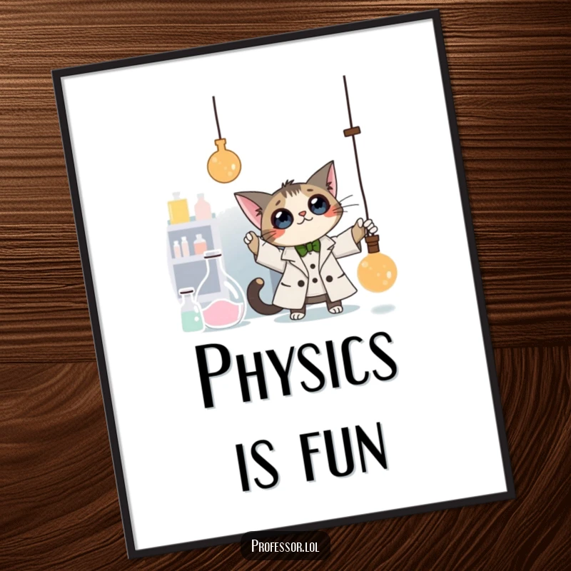 Funny Cat Professor Digital Art: A curious cat professor bats at a dangling pendulum in a laboratory, a downloadable and hilarious artwork.