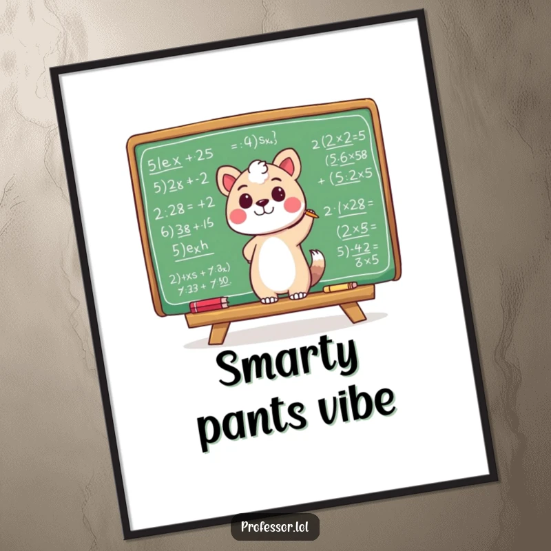 Funny digital art print of an animal character happily scribbling mathematical equations on a giant chalkboard, perfect for educational spaces.