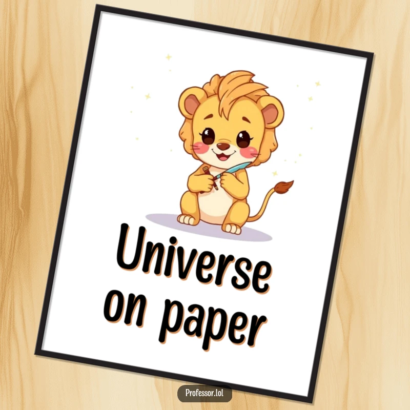 Funny Lion Cub Artist Digital Art Print: A happy Kawaii lion cub sketching a fantastical galaxy with a glowing quill, symbolizing imagination.