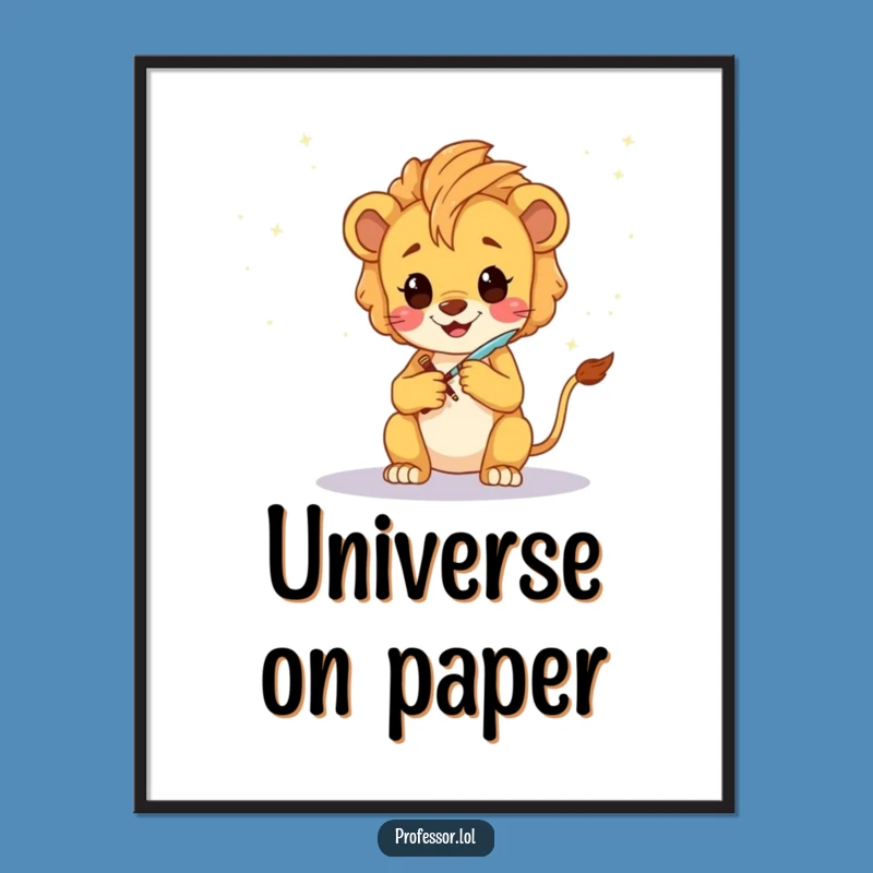 Funny Lion Cub Artist Digital Art Print: Whimsical Galaxy Sketch Artwork