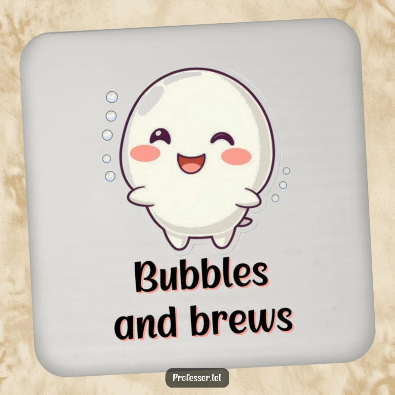 Funny coaster featuring a character with a happy smile imitating a bubbling reaction, protecting surfaces with cheerful energy.