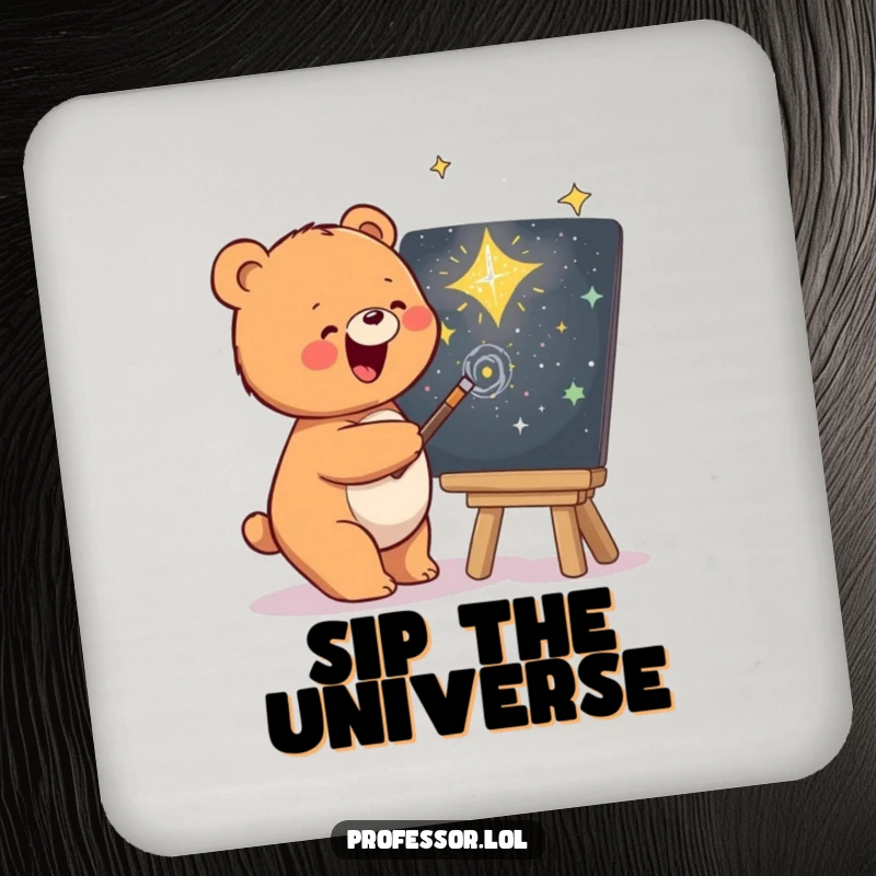 Funny drink coaster with a bear artist sketching a galaxy on a chalkboard, adding artistic charm to tables.