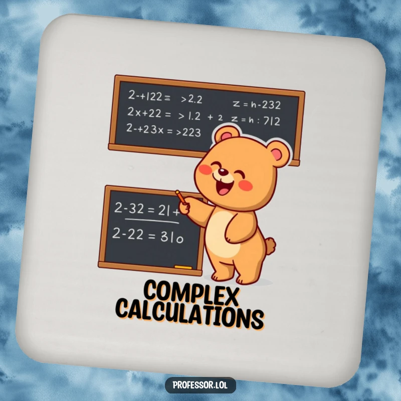 Funny Bear Math Coasters: Set featuring a joyful bear enthusiastically pointing at a complex equation, adding humorous protection.