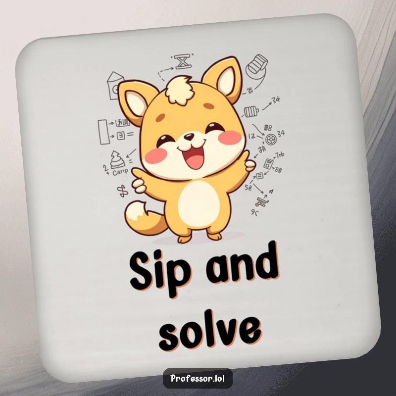Funny kawaii animal character pointing at a complex diagram with a wide smile, a humorous coaster for drink protection. Smart and stylish.