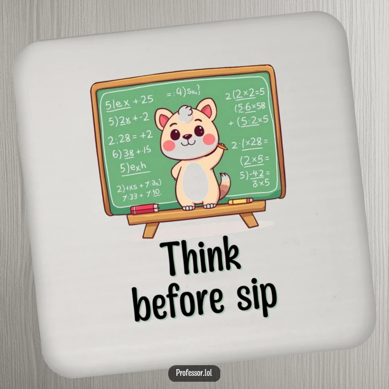 Funny drink coaster set with an animal character scribbling equations on a chalkboard, perfect for adding intellectual decor.