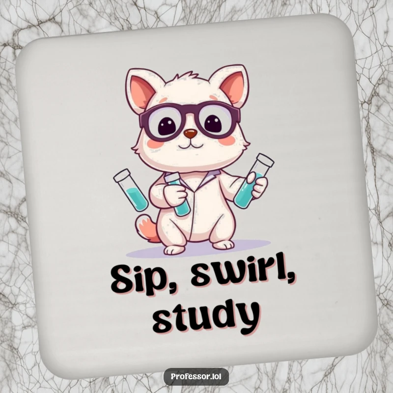 Funny drink coaster featuring a cute animal character playfully juggling colorful test tubes, a humorous addition to any tabletop.
