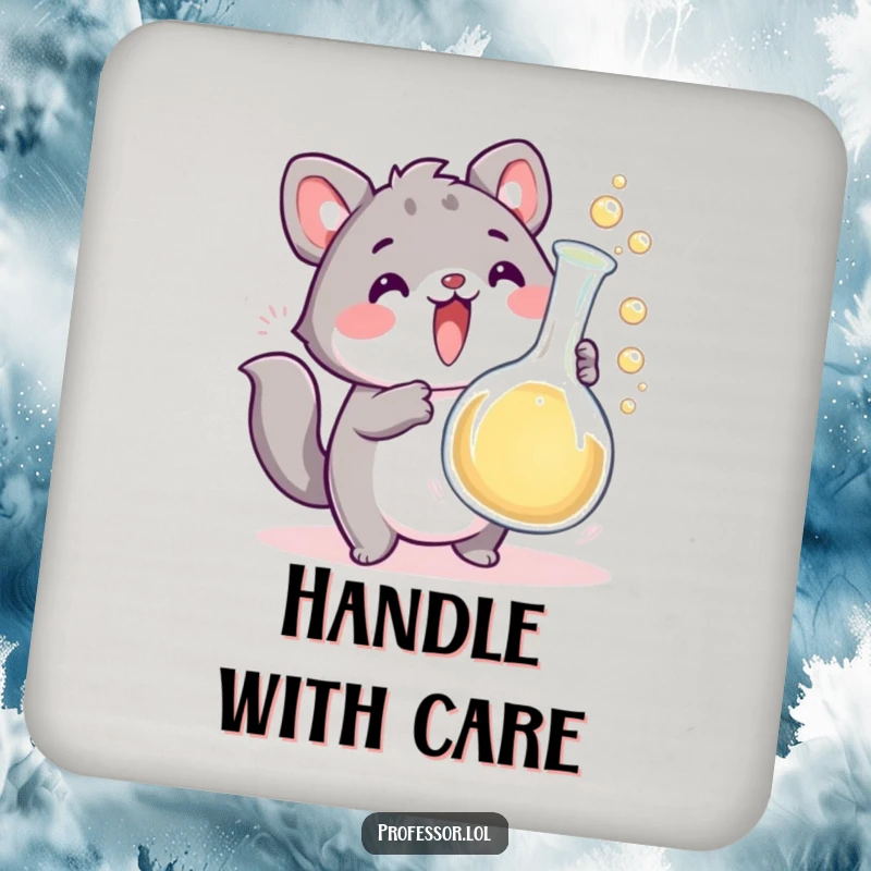Funny cute animal character with an overflowing bubbling beaker, a humorous coaster for drink protection. Protect your tables with a laugh.