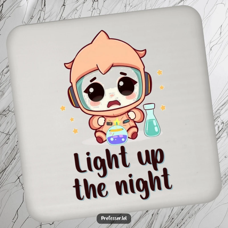 Funny Science Coaster: A character looks amazed as a tiny spark flies from an experiment, protecting surfaces with humorous flair.