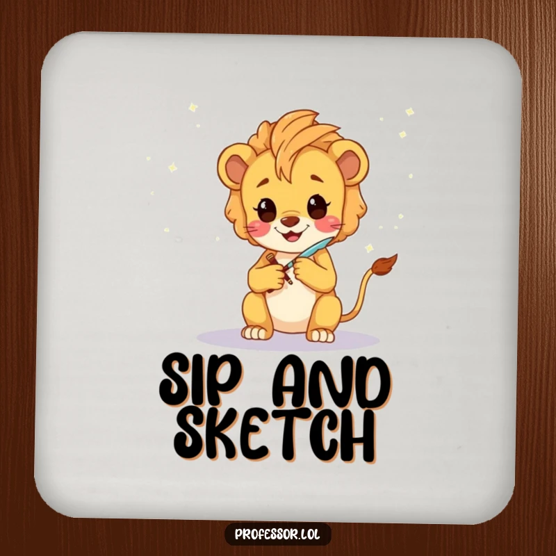 Funny Lion Cub Artist Coasters: A happy Kawaii lion cub sketching a fantastical galaxy with a glowing quill, protecting surfaces.