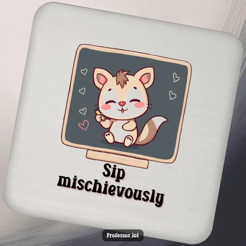 Funny drink coaster showing a mischievous animal character scribbling on a blackboard with chalk, offering stylish surface protection.