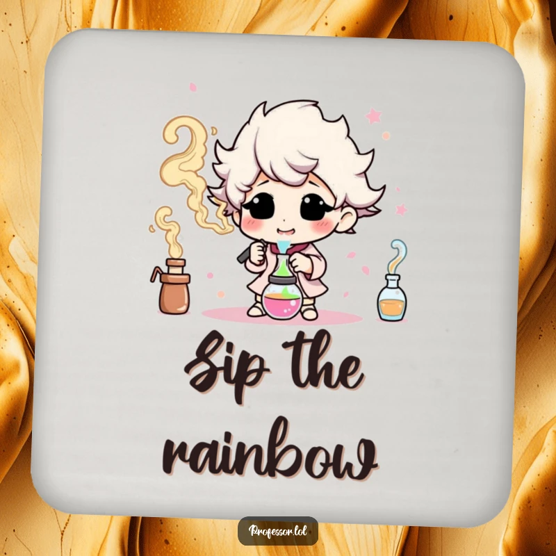 Funny coaster with a character happily creating colorful smoke, offering surface protection with artistic humor.