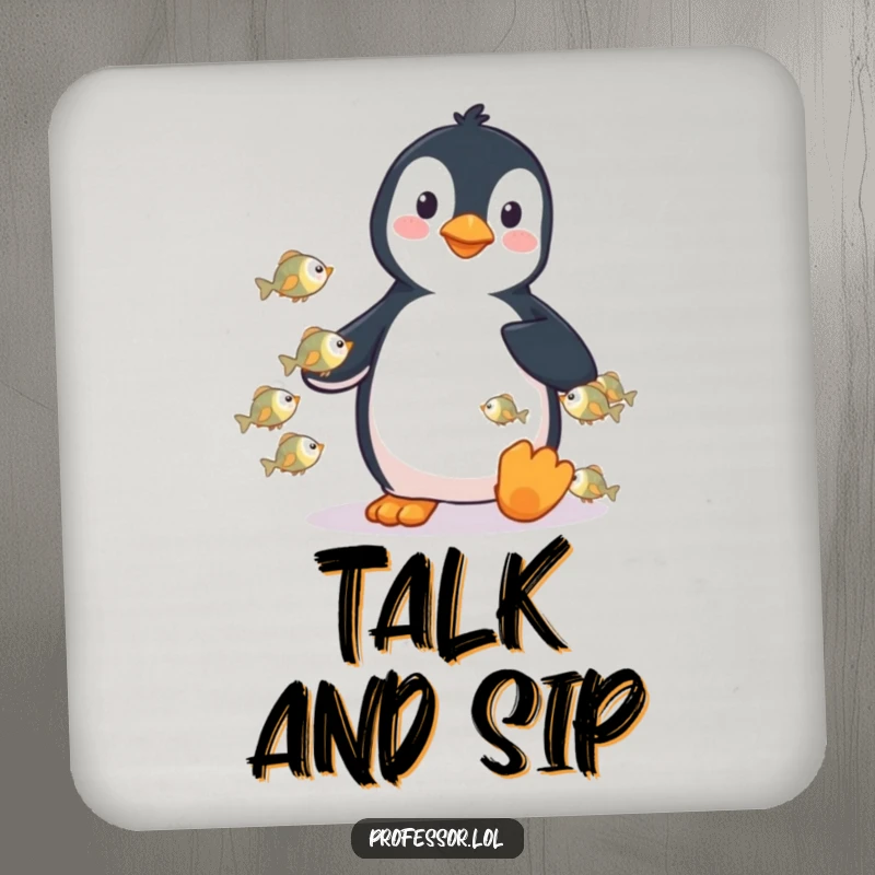 Funny drink coaster with a playful penguin lecturing tiny fish, protecting surfaces with witty charm.