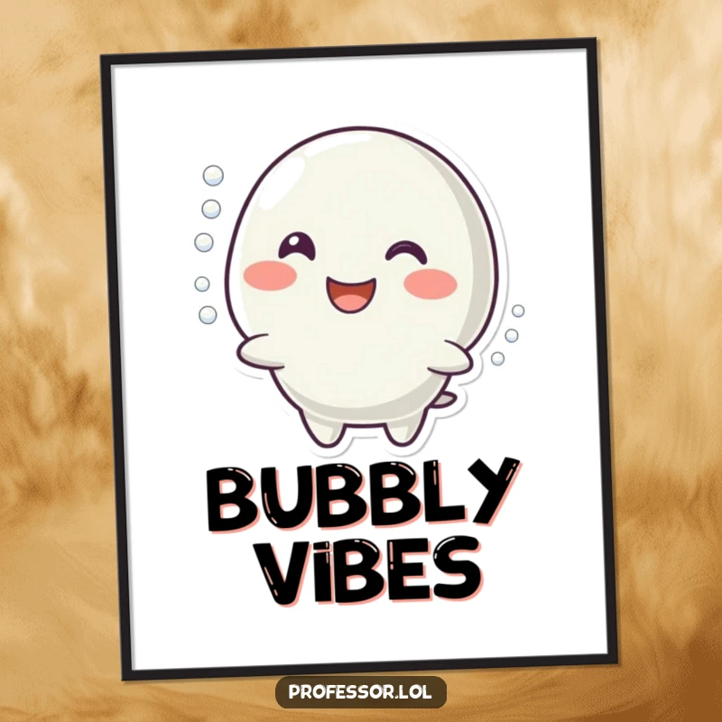 Funny poster of a character with a wide, happy smile imitating a fizzy, bubbling reaction, radiating pure delight and energy.