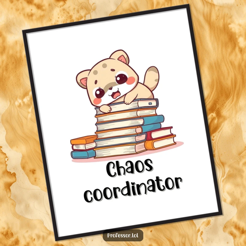 Funny startled animal poster illustration of a surprised character amidst a chaotic pile of books, capturing a moment of humorous bookish mishap.