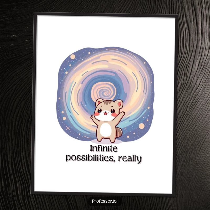 Funny poster of a small animal character enthusiastically gesturing towards a detailed, swirling galaxy, capturing the awe of space exploration.