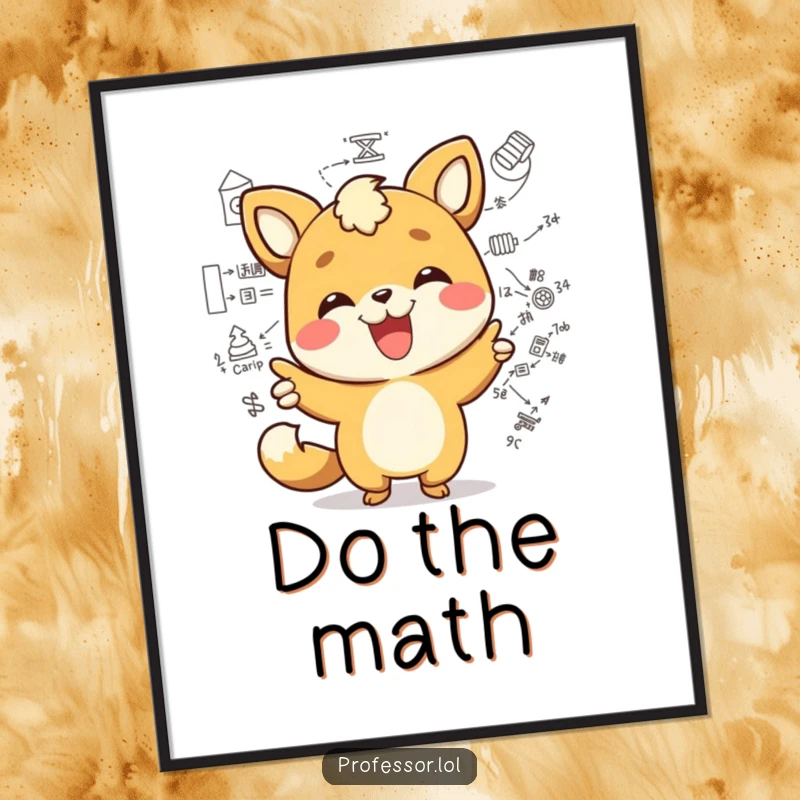 Funny kawaii animal character joyfully pointing at a complex diagram with a wide smile, funny intellectual wall art. Perfect for study rooms.