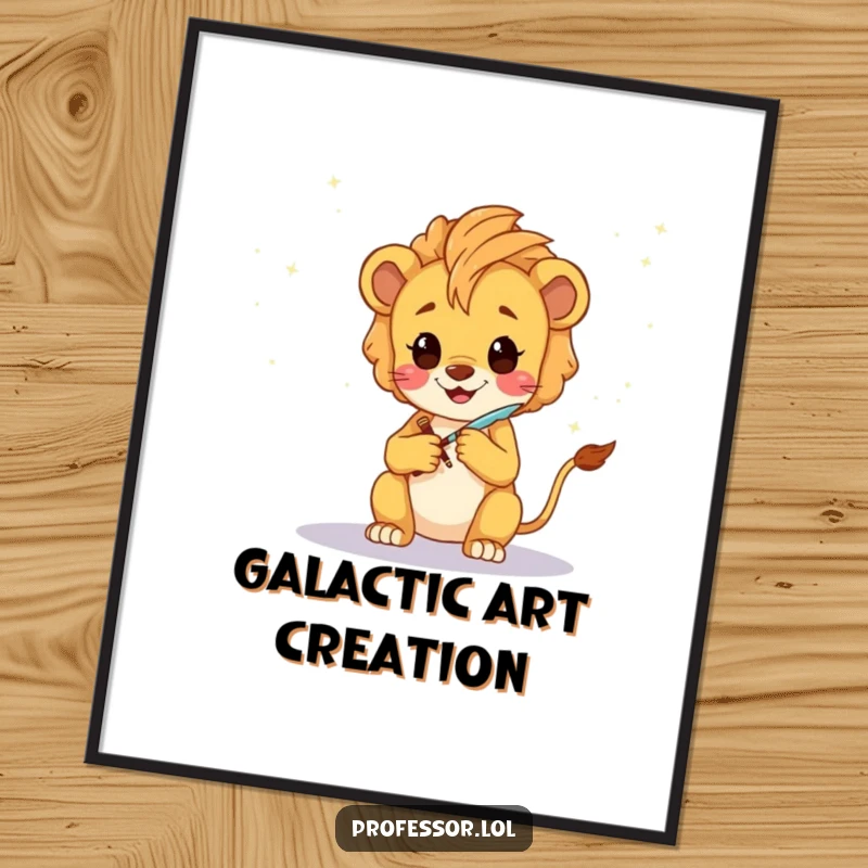 Funny Lion Cub Artist Poster: A happy Kawaii lion cub sketching a fantastical galaxy with a glowing quill, full of wonder.