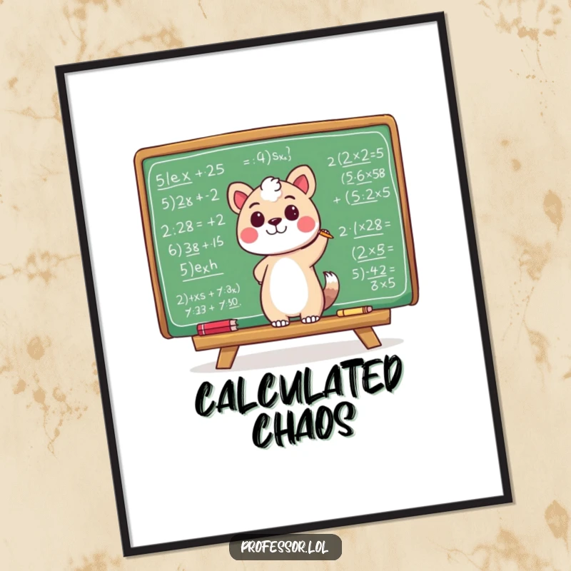 Funny poster of an animal character happily scribbling mathematical equations on a large chalkboard, celebrating learning and humor.