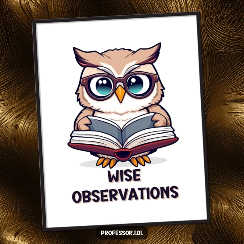 Funny owl spectacles poster of a cute owl wearing glasses, peering curiously into an open book with wonder.