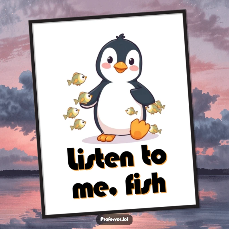 Funny poster depicting a playful penguin lecturing a group of tiny fish, a whimsical and humorous aquatic scene.