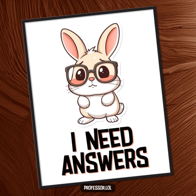 Funny poster of a rabbit wearing oversized spectacles, with a wide-eyed surprised and confused expression, adding humor.
