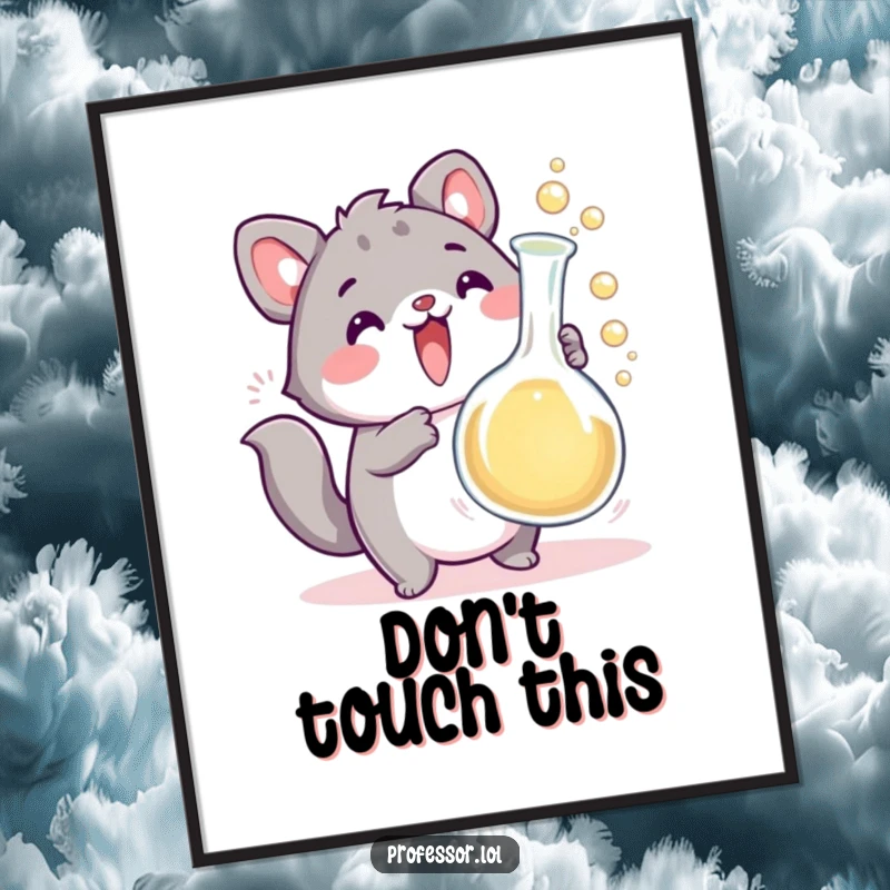 Funny cute animal character excitedly holding a bubbling beaker that overflows, funny science wall art. Perfect for labs and living spaces.