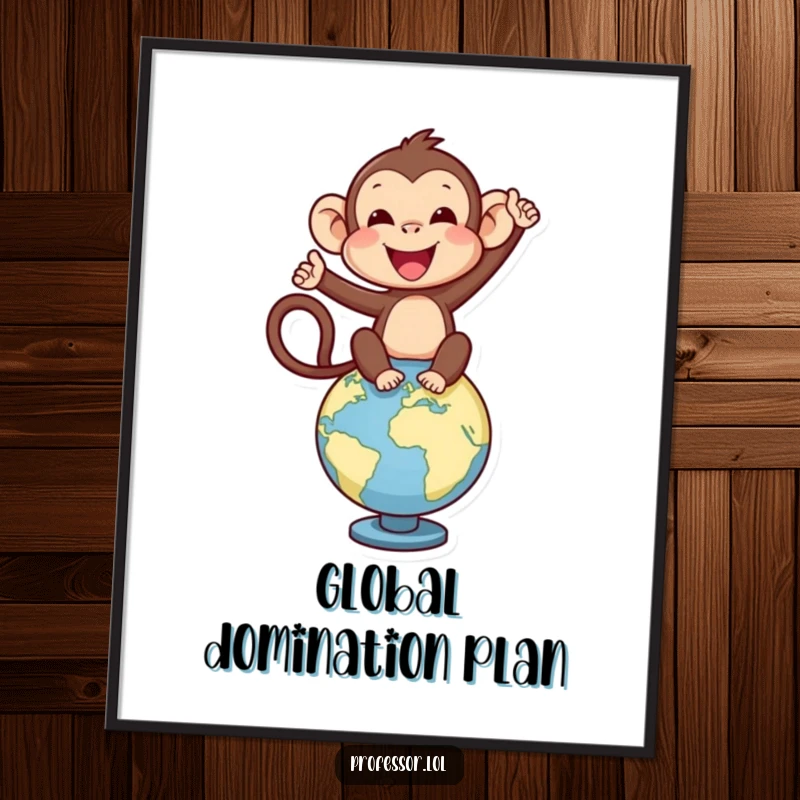 Funny delighted monkey balancing on a globe, celebrating adventure and exploration on this art print.