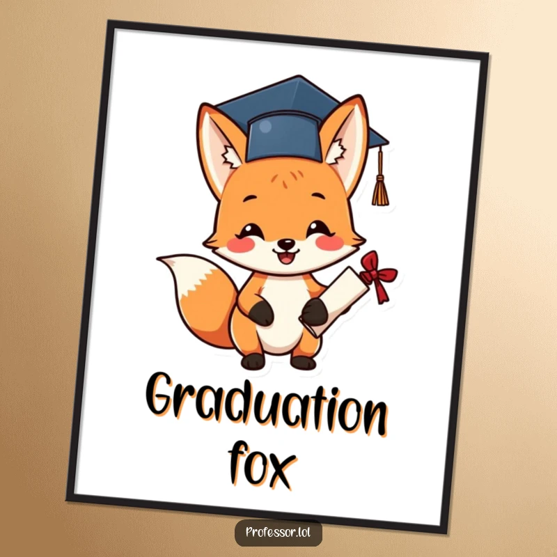 Funny graduation fox poster of a cheerful fox in a small cap, excitedly holding a diploma.
