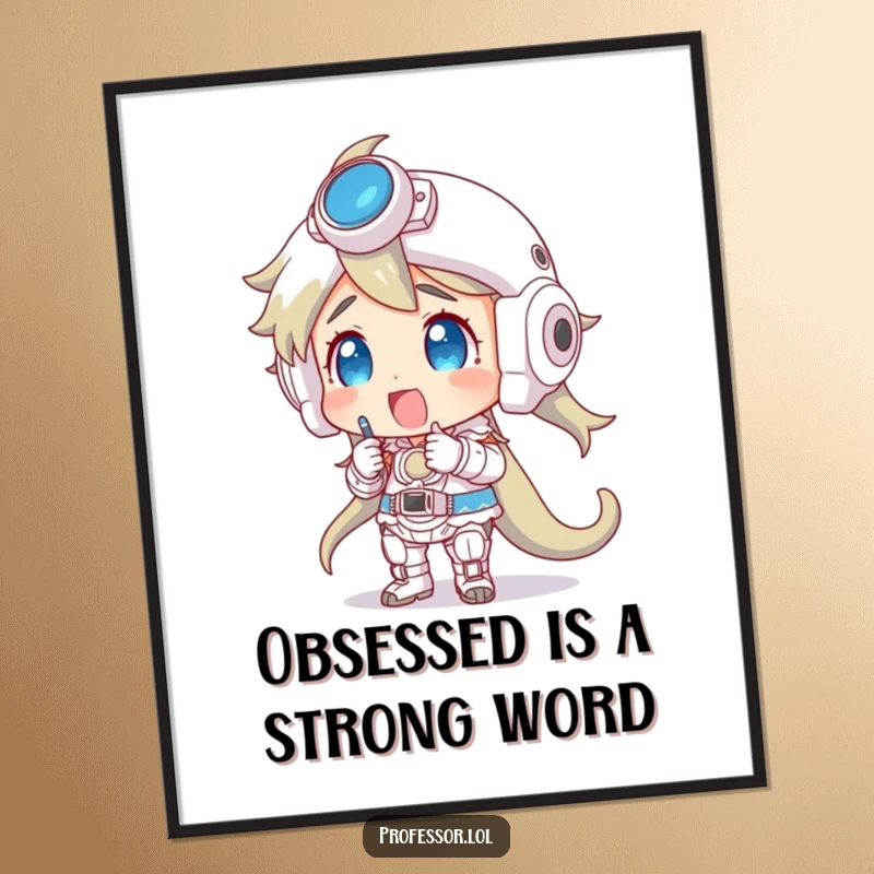 Funny poster artwork of a character intensely focused on a huge, intricate model, ideal for decor.
