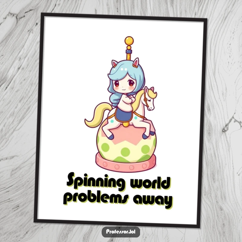 Funny poster illustrating a character's joyful ride on a moving globe, a whimsical piece of wall art for adventurers.