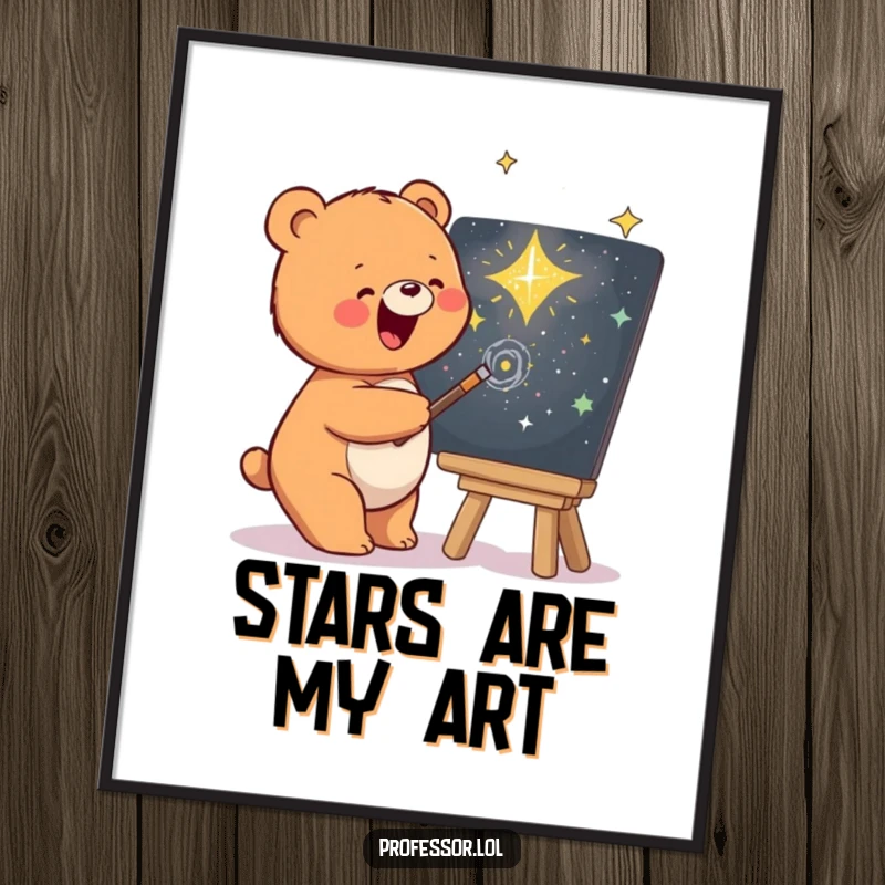 Funny poster depicting a bear artist drawing a stunning galaxy on a chalkboard, radiating creativity and fun.
