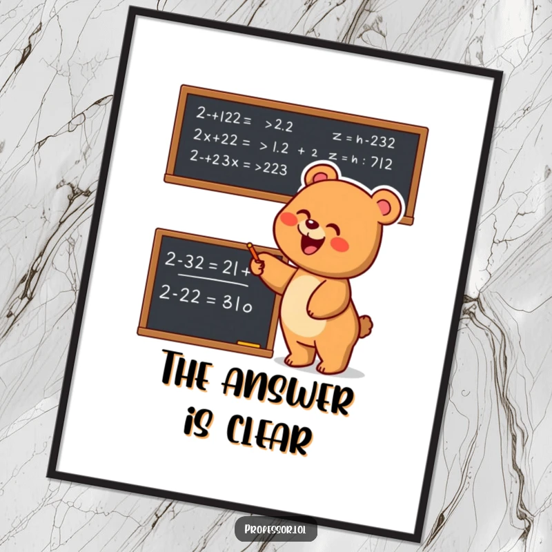 Funny Bear Math Poster: Joyful bear character enthusiastically points at a complex equation on a blackboard, a humorous piece of art.