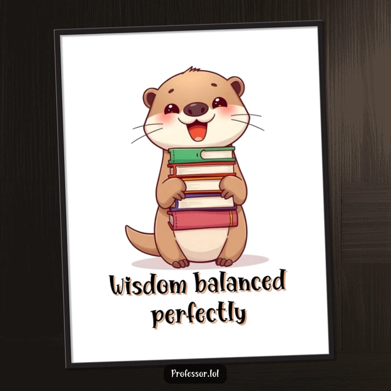 Funny Poster of a delighted otter precariously balancing a tall stack of books on its nose, celebrating literature with humor.