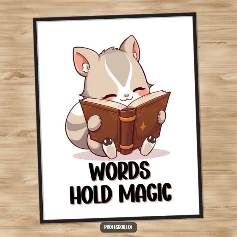 Funny poster print of a cute animal character engrossed in reading a thick, ancient-looking book, evoking a love for stories.