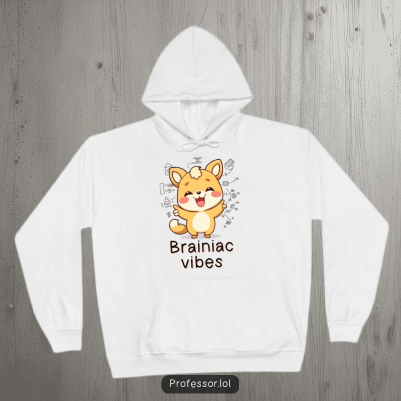 Funny kawaii animal character pointing at a complex diagram with a wide smile, symbolizing wisdom. A warm and funny hoodie.