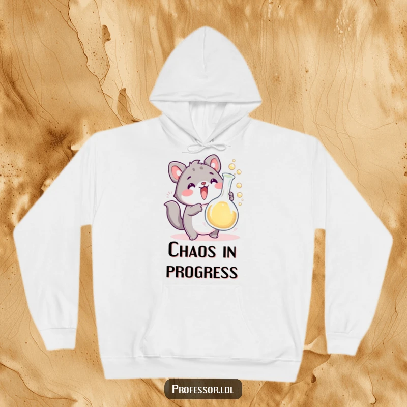 Funny cute animal scientist character with an overflowing beaker, great for science enthusiasts. A warm and humorous hoodie for fun.