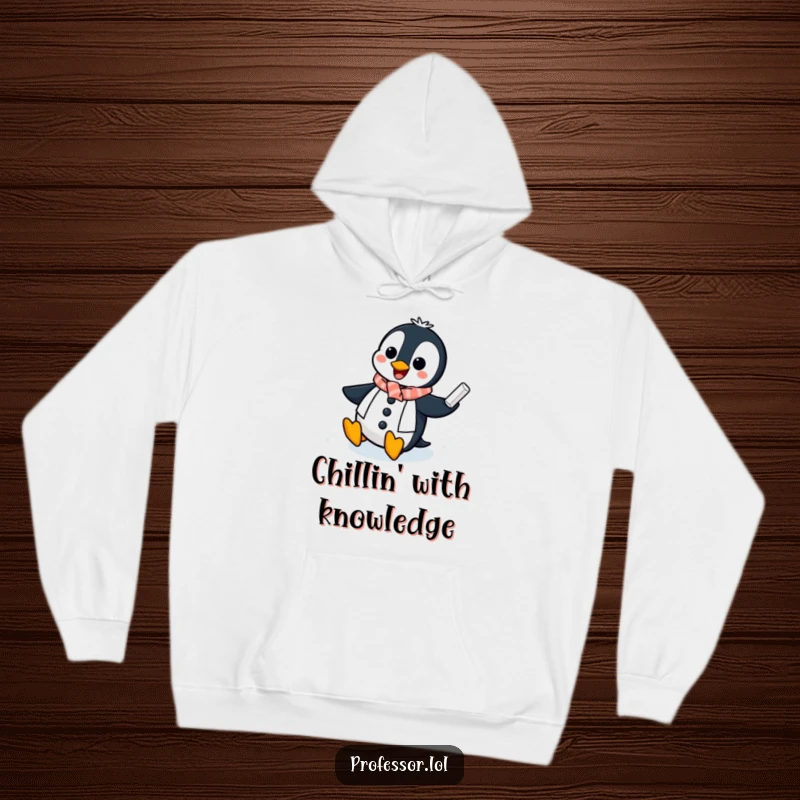 Funny Penguin Professor Hoodie: A cheerful penguin professor slides on an icy chalkboard, a warm and hilarious hoodie for cold days.