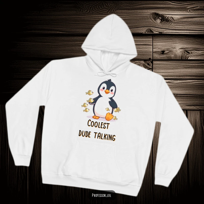 Funny hoodie featuring a playful penguin lecturing a group of tiny fish, perfect for cozy, humorous wear.