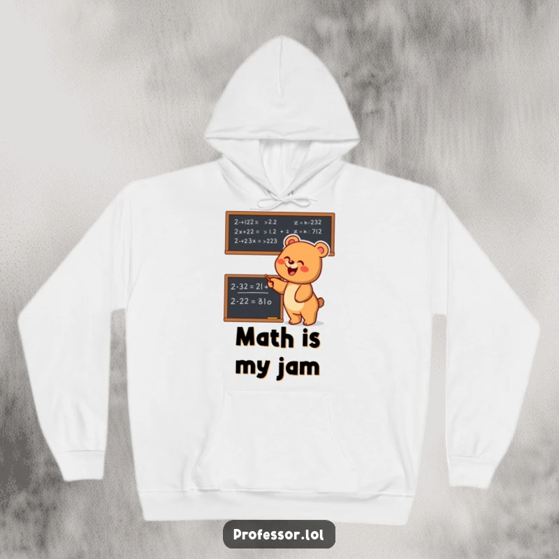 Funny Bear Math Hoodie: Joyful bear enthusiastically points at a complex equation, perfect for cozy study sessions and smart humor.